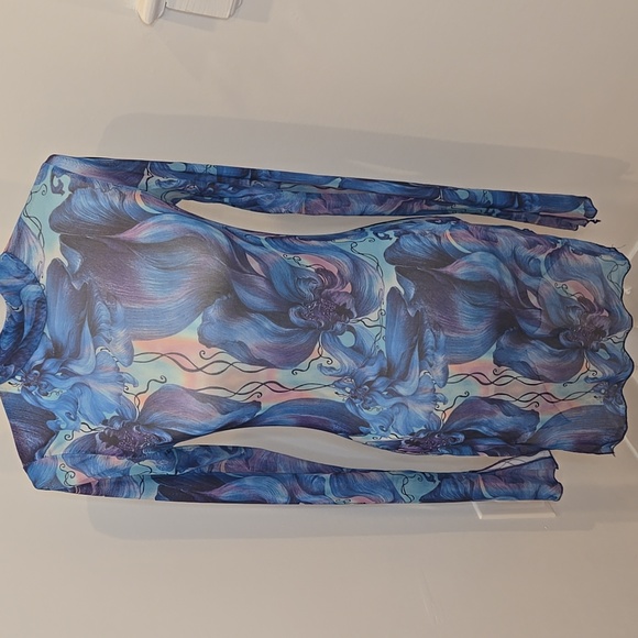 Sheer Mesh Dress‎ Floral Long Bell Sleeve Mock-Neck Whimsigoth Fairy - Small - Picture 2 of 7